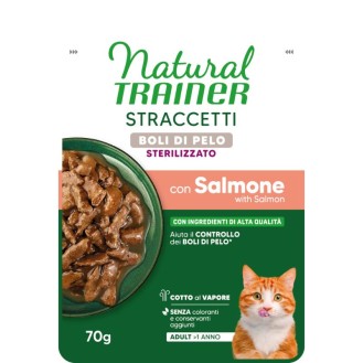 NATURAL TRAINER CAT Sterilized – konservēta barība kaķiem ar lasi, paredzēta spalvu kamolu kontrolei, 70g 14gab